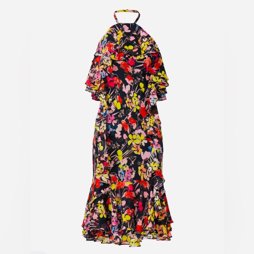 NWT Jason Wu women’s chiffon multicolored floral halter neck ruffled midi dress - Picture 5 of 17